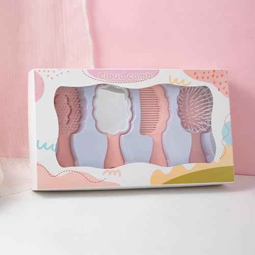4 Pieces Mini Wet Hair Brush Hair Comb Set For Women Girls Kids Gift Small Cute Cloud shaped Hair Comb Hair Brush Handheld Mirror Set Travel Detangling Comb Massage HairBrush with Air Cushion (Pink)