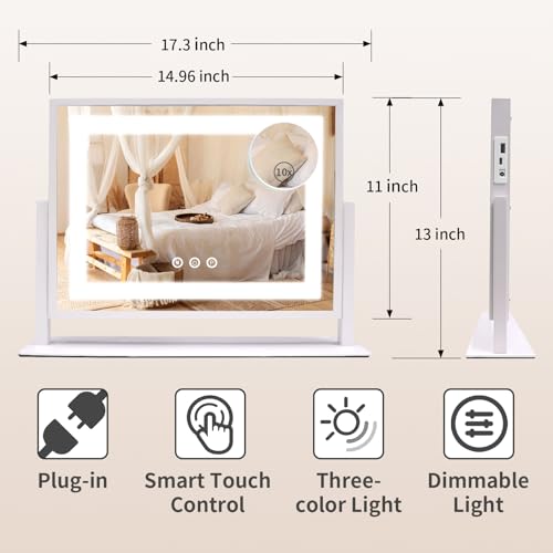 SANYCASA Lighted Makeup Vanity Mirror with Touch Control, 10X Magnification & 3 Color Modes - USB Charging, 24x19 Inch