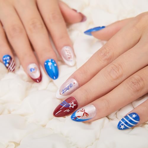 4th of July Press On Nails Red White Blue Almond 32pc