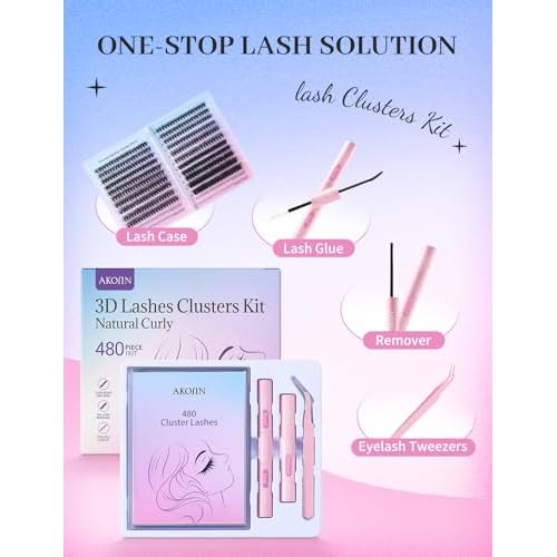AKOIIN D-Curl Lash Clusters Kit, 480pcs Cluster Eyelash Extensions with Bottom Lashes, 3D Wispy Natural Eyelashes, (30D 40D 80D Mixed, 10-18mm), Includes Bond, Seal, Remover & Tweezer for Beginners