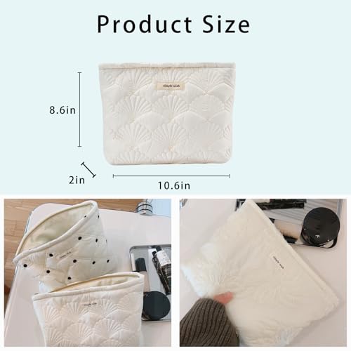 Quilted White Cotton Makeup Pouch - Floral Toiletry Bag for Women