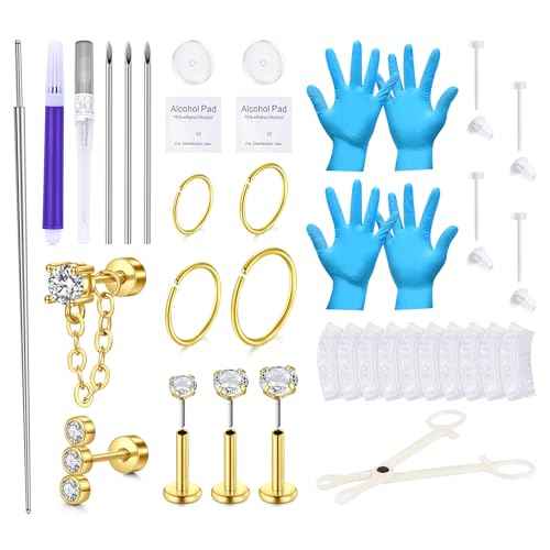 QWALIT Ear Piercing Kit Gold Ear Piercing Needle Kit Self Piercing Earrings Piercing Kit Disposable Earring Piercing Kit with Earring Stud Flat Back Helix Cartilage Ear piercing Kit Threadless Earring