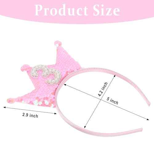 Jaciya Pink Headband Sequin Headbands for Girls Sparkling Tiara Pearl Hairband Birthday Head Band Princess Party Decorations (3rd birthday headband)