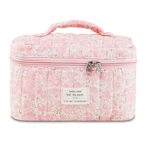 Makeup Bag, Floral Quilted Cosmetic Bag, Large Travel Aesthetic Make up Bag, Cute Coquette Toiletry Bag for Women Girls