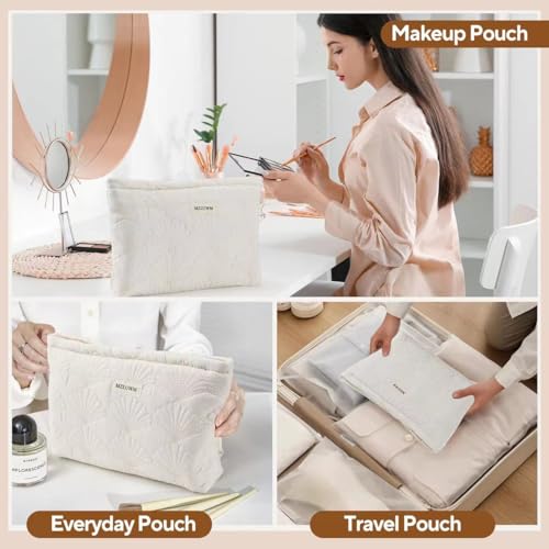 White Cotton Quilted Makeup Pouch£¬Cute Puffy Coquette Makeup Bag,Floral Cotton Quilted Cosmetic Bag for Women and Girls,Makeup Organizer Bag Zipper Pouch (White Shells)