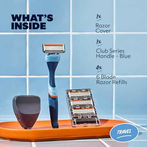 Dollar Shave Club | Travel Shave Set | 4 Extra Close Refill Cartridges, 1 Handle (Blue), 1 Razor Cover