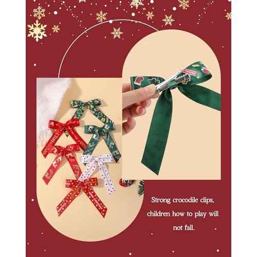 doboi 6 Pcs Christmas Hair Bows for Girls - 4.3 Inches Handmade Toddler Bows With Alligator Clips - Glitter Hair Accessories for Baby Girls Teens Kids