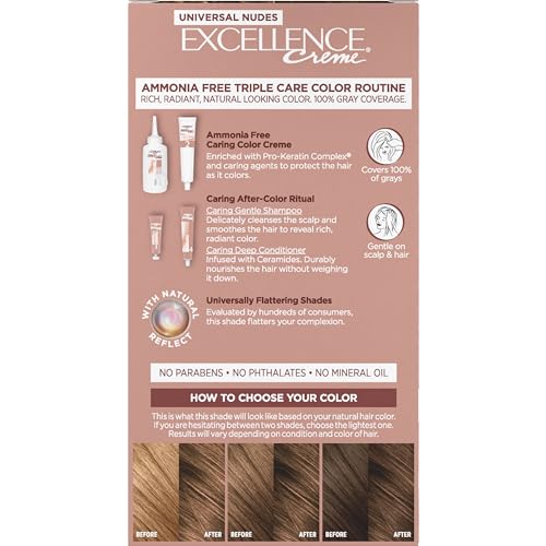 L’Oréal Paris Excellence Universal Nudes Permanent Hair Color, Ammonia Free Hair Dye for Gray Hair Coverage, 6N Natural Light Brown, 1 Hair Dye Kit