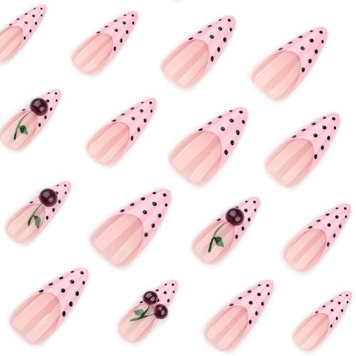 Pink Almond French Press-On Nails with 3D Cherry Design - 24 Pcs