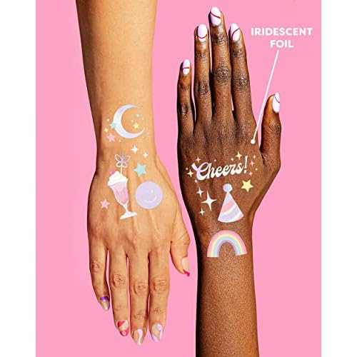 xo, Fetti Pastel Rainbow Temporary Tattoos - 50 Iridescent Foil Styles | Preppy Birthday Party Supplies, Smiley Party Favors, Party Vibes Only