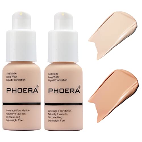 2 Pack PHOERA Foundation,Flawless Soft Matte Liquid Foundation 24 HR Oil Control Concealer Foundation Makeup,Full Coverage Foundation for Women and Girls(((101 Porcelain+103 Warm Peach)