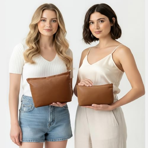 Kigeli 2 Pcs Small Makeup Bag Set for Purse PU Leather Cosmetic Bag Makeup Travel Toiletry Pouch Aesthetic Preppy Organizer Storage Pouch for Valentine Women Gift(Brown)