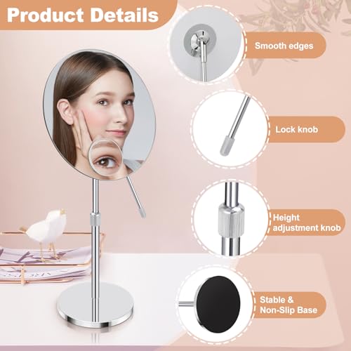 8" HD Makeup Mirror with Swivel & Adjustable Height (13-18"), Bonus 10X Magnifying Suction Cup Vanity Mirror for Precision Grooming & Shaving, Chrome Finish for Tabletop & Bedroom£¨No Light£©