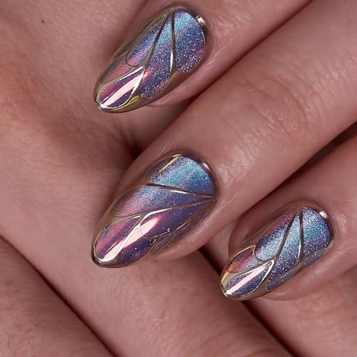 CurvLife Medium Almond Cat Eye Press On Nails, Aurora Wings Blue,