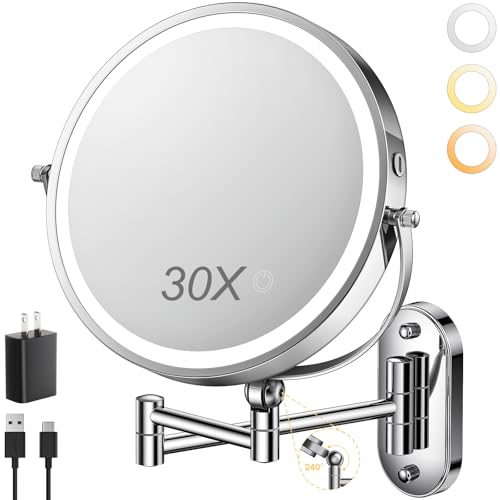 ZLOKLA Wall Mounted Lighted Makeup Mirror - 9" Double Sided 1X/30X Magnification