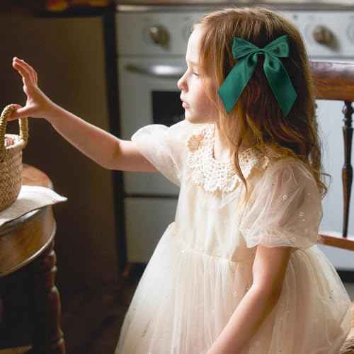 4in Christmas Dark Green Hair Bows Alligator Clips for Teen Toddler Girls, 2pc Solid Silky Satin Polyester Ribbon Ponytail Holder Barrettes Party Dress Accessories Kids Xmas Gift