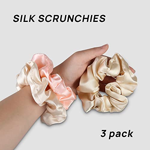 Forbidden Road 3 Pieces Large Mulberry Silk Scrunchies with Elastic Band for Hair, Women, and Girls (Beige, Ivory & Champagne)