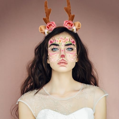 Deer Antlers Headband & Face Tattoos Set - Pink & Brown