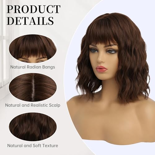 EssionTech Short Brown Bob Wig with Bangs 14 Inch – Premium Synthetic Wavy Wig