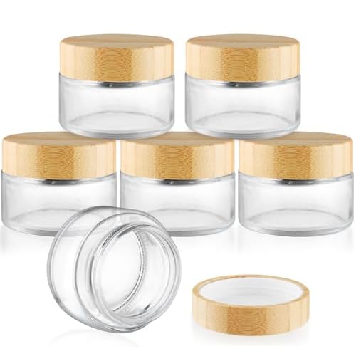 Round Glass Jars,Empty Clear Glass Jar Holder with Bamboo Lids,Small Travel Cosmetic Jars for Moisturizer,Foundation,Lotion,Ointment,Body Butter&Balms,Candle Making-6 Pcs (100 Gram)