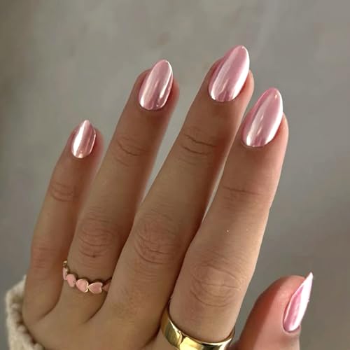 Chrome Pink Press On Nails - Short Square Glossy Gel Kit, 24 Pcs