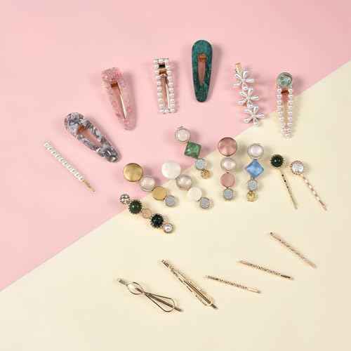 Mehayi 20 PCS Pearls and Acrylic Resin Hair Clips, Handmade Hair Barrettes, Marble Alligator bobby pins, Glitter Crystal Geometric Hairpin, Elegant Gold Hair Accessories, Gifts for Women Girls