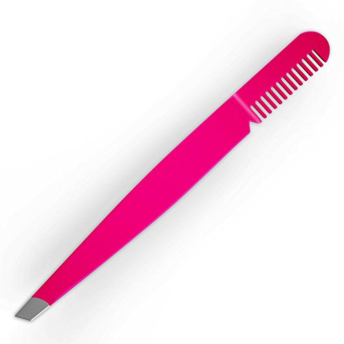 Eyebrow Tweezer with Comb - Slant Tip, Bright Pink - BOGO SALE Offer - Details Below.