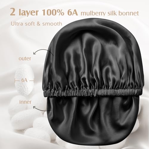 YFONG Double Layer Silk Sleep Cap for Women - 22 Momme Mulberry Satin Bonnet with Adjustable Elastic, Reduces Frizz & Keeps Hairstyle