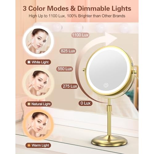 Benbilry Lighted Makeup Mirror with 3 Color Lights & 10X Magnification, Adjustable Brightness & Height, 7 Inch 360¡Æ Swivel Rechargeable 10X LED Magnifying Vanity Mirror with Light, Gold