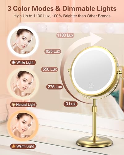 7" Lighted Makeup Mirror 10X Magnification, Height Adjustable, Gold