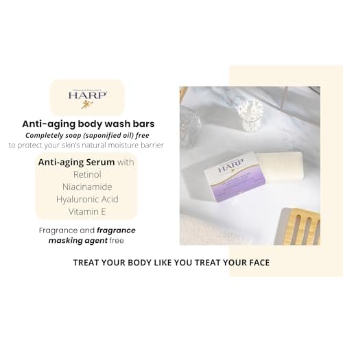 HARP Anti-Aging Body Wash Bar With Retinol + Niacinamide, Vitamin E, Hyaluronic Acid. 100% Syndet Base. Soap/Lye-Free and FRAGRANCE FREE (3-Pack, Anti-Aging Serum)