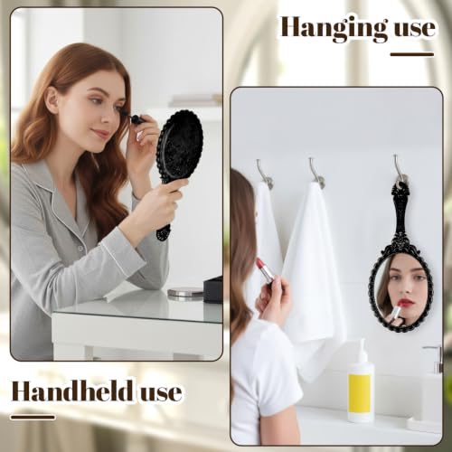 2 Pack Vintage Hand Mirrors with Ergonomic Handle - Black & Antique Gold
