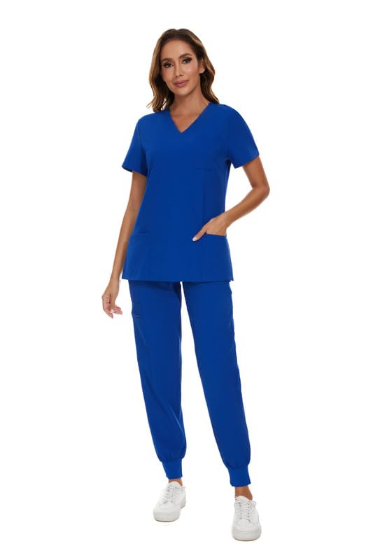 COZYFIT Scrubs for Women Set - Stretch V-Neck Scrub Top & Jogger Pant with 8 Pockets, Yoga Waistband, Anti Wrinkle, Slim Fit Women Scrubs