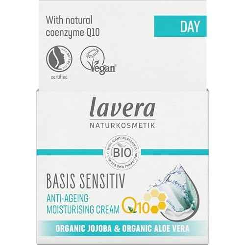 lavera Basis Sensitive Anti Wrinkle Moisturizing Cream - Face Cream with Q10 & Aloe Vera - Moisturizing Facial Cream - Anti Aging Cream - PETA Certified - Vegan - Made in Germany - 1.7 Fl Oz