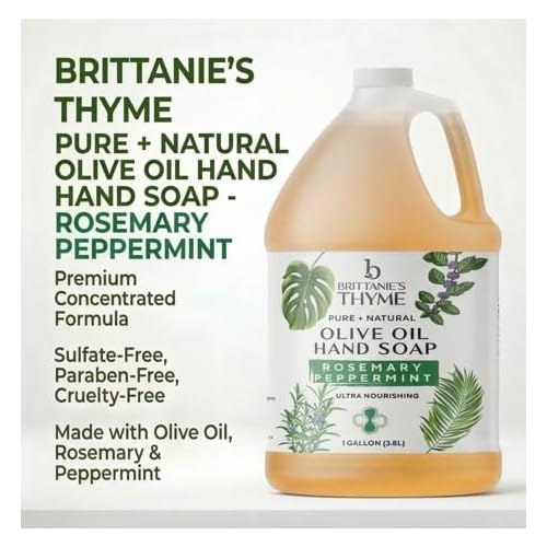 Brittanie's Pure Organic Castile Liquid Olive Oil Soap Refill, Rosemary Peppermint, 1 Gallon | Face, Body Wash, Dishes, Pets & Laundry | Vegan & Gluten Free Non-GMO