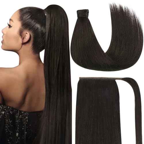 Ve Sunny Brown Clip in Hair Extensions Ponytail Wrap Around Silky Straight 16inch Remy Human Hair Ponytail Extensions Solid Dark Brown Hair Extensions Pony Tail 80g