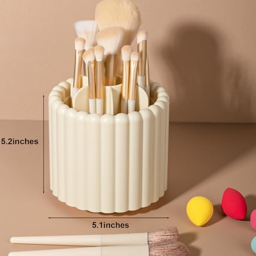 Rotating Makeup Brush Holder Organizer - 7 Slots, Beige