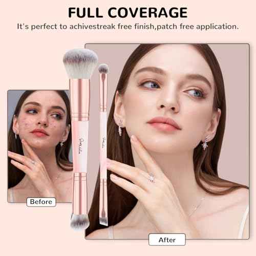 START MAKERS Makeup Brushes Dual Ended, 2Pcs Foundation Contour Concealer Brush Set for Blending Buffing Highlighting Setting, Professional Women Liquid Cream Powder Make up Brushes Set, Pink