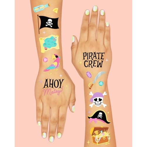 xo, Fetti Pirate Crew Temporary Tattoos - 48 Gold Foil Pcs | Birthday Accessory, Girl Treasure Hunt Decorations, Kids Ahoy Party Favor, Cute Pink Activity