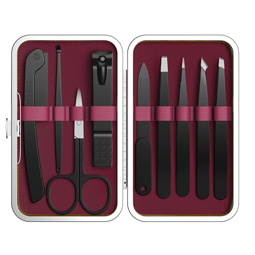 Yougai Maroon 9-Piece Tweezers & Nail Clippers Set with Travel Case - Professional Beauty Tools