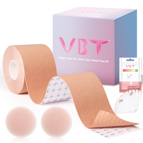 VBT Boob Tape, Body Tape for Breast Lift with 1 Breast Lift Tape, 10 Pairs Satin Bra Petals, 1 Pair Silicone Nipple Stickers, 36 PCS Double Sided Tape, Bob Tape for Large Breasts A-G Cup Nude