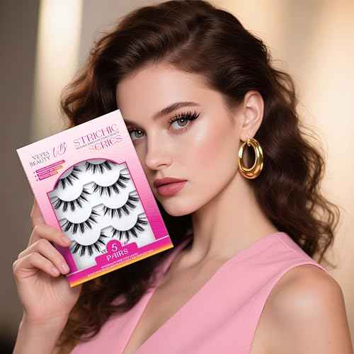 VEYESBEAUTY False Eyelashes Wispy Lashes Lightweight Natural Look Fluffy Faux Mink Thin & Invisible Band Manga Lashes, Comfortable and Reusable, 5 Pairs