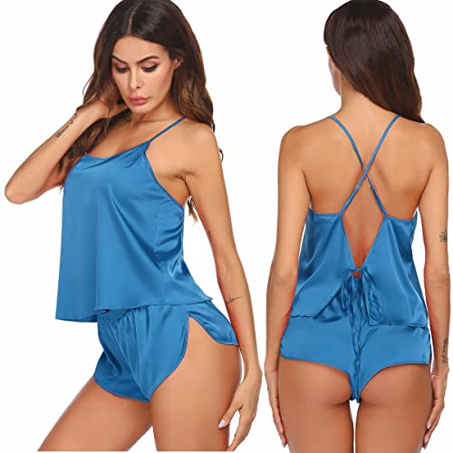 Ekouaer Silk Pajamas Set for Women Satin Backless Lingerie Pjs Cami Top and Shorts Nightwear Blue