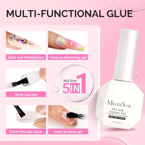 MelodySusie 3Free Nail Glue Gel – 5-in-1 False Nail Adhesive, 2x15ml