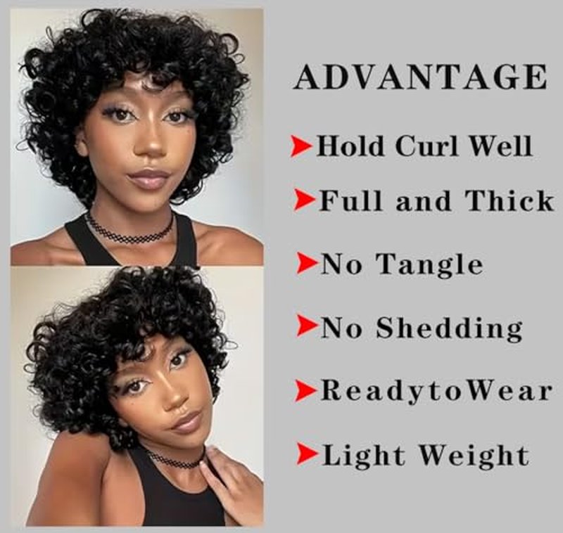 TATOUS Short Curly Bob Wig with Bangs - 100% Human Hair for Black Women