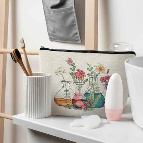 Science Teacher Gifts Makeup Bag - Floral Beakers Cosmetic Pouch