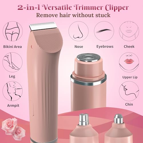Bikini Trimmer for Women,4 in 1 Electric Razors for Women with Ceramic Blades,Waterproof Pubic Hair and Face Har Trimmer,Replacement Noise Hair and Eyebrow Shaver,Grooming Kit for Travel
