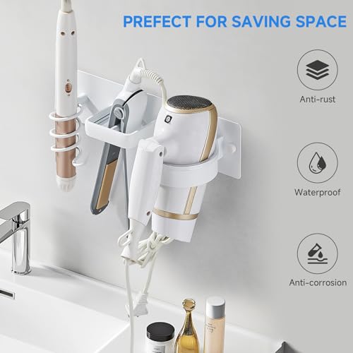 3-in-1 Hair Dryer Holder Wall Mount | Metal Organizer Rack