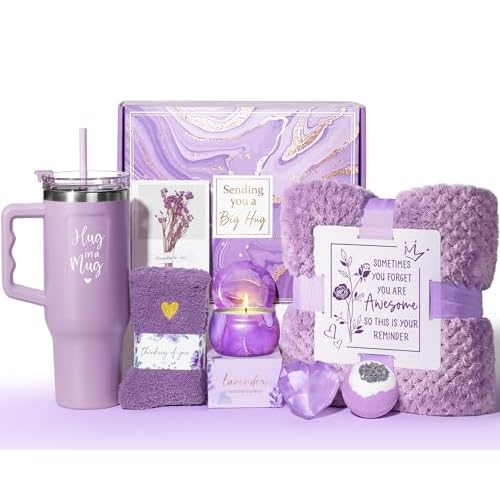 Birthday Gifts for Women Self Care Get Well Soon Gifts, Lavender Relaxing Spa Bath Gift Basket Care Package w/ Flannel Blanket 40 OZ Tumbler, Mother's Day Gift for Mom Her Wife Girlfriend Grandma