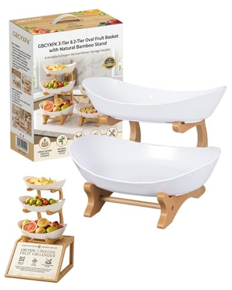 3-Tier Bamboo Fruit Basket with Oval Bowls - Space-Saving Organizer
